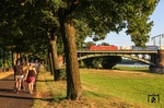 Mit Kind und Kegel werden die letzten Sonnenstrahlen an der Kölner Südbrücke genossen. Im Hintergrund fährt 152 145 mit GA 49995 aus Zeebrugge-Ramskapelle vorbei. (16.08.2013) <i>Foto: Joachim Bügel</i>