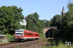 628 509 hat als RB 30763 nach Remscheid soeben den Rauenthaler Tunnel hinter sich gelassen und nimmt nun Anlauf für die Steigung nach Wuppertal-Ronsdorf. (05.08.2013) <i>Foto: Wolfgang Bügel</i>