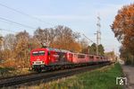 Auf ihrer letzten Reise zum Verschrotten hatte diesmal MEG 156 001 ein Dutzend Loks der Baureihe 155 aus Mukran am Haken. Nachdem vier Loks in Leipzig-Engelsdorf abgehängt wurden, ging die restliche Fuhre mit 155 091 + 197 + 010 + 008 + 006 + 117 + 168 + 132 + 224 + 073 + 175 + 260 als DGS 88168 nach Opladen, aufgenommen bei Solingen. (25.11.2020) <i>Foto: Joachim Bügel</i>