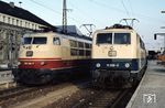 Die Frankfurter 103 146 und die Münchener 111 099 in Nürnberg Hbf. (16.02.1981) <i>Foto: A. Wagner</i>