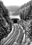 Blick auf das Ostportal des 1884 eröffneten Brandleitetunnels, der den Scheitel des Thüringer Waldes bei Oberhof durchquert. Mit einer Länge von 3039 m war er bis 2013 (Fertigstellung des Finnetunnels) der längste Eisenbahntunnel Thüringens und davor auch der längste der Deutschen Reichsbahn in der DDR. Durch den Tunnel führt die zweigleisige Bahnstrecke Arnstadt—Grimmenthal zwischen den Bahnhöfen Gehlberg [598 m ü. NN] und Oberhof (Thür) auf 639 m ü. NN.  (1934) <i>Foto: RVM</i>