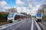 In Hamminkeln begegnen sich zwei der seit 1. Februar 2022 auf dem "Bocholter" zwischen Wesel und Bocholt verkehrenden elektrischen Züge. Die Bahn rühmt sich, dass hier in einer Rekordzeit von rund sieben Monaten der elektrische Betrieb aufgenommen werden konnte. (07.02.2022) <i>Foto: Marcus Henschel</i>