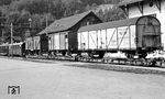 Der Transthermos-Kühlwagen 569 021 auf einem Rollwagen-Güterzug der Brünigbahn im schweizerischen Bahnhof Hergiswil. (23.08.1955) <i>Foto: Karl Wyrsch, Slg. D. Ammann</i>