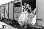 Auf festgelegten Bahnhöfen im Transportweg wurden die Tiere versorgt. Neben Stroh und Heu gehörte auch die Frischwasserversorgung dazu.  (19.11.1987) <i>Foto: Wolfgang Staiger</i>