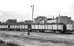 Wie auf der normalspurigen Reichsbahn war auch auf dem 'Molli' die Braunkohle der Hausbrandversorgung das am häufigsten transportierte Ladegut. Im Bahnhof Bad Doberan stehen die beladenen Oow-Wagen 99-03-18 (Bj. 1915), 98-02-51 (Bj. 1915), 98-03-07 (Bj. 1914) und 98-03-02 (Bj. 1922). (24.08.1966) <i>Foto: Gerd Wolff</i>